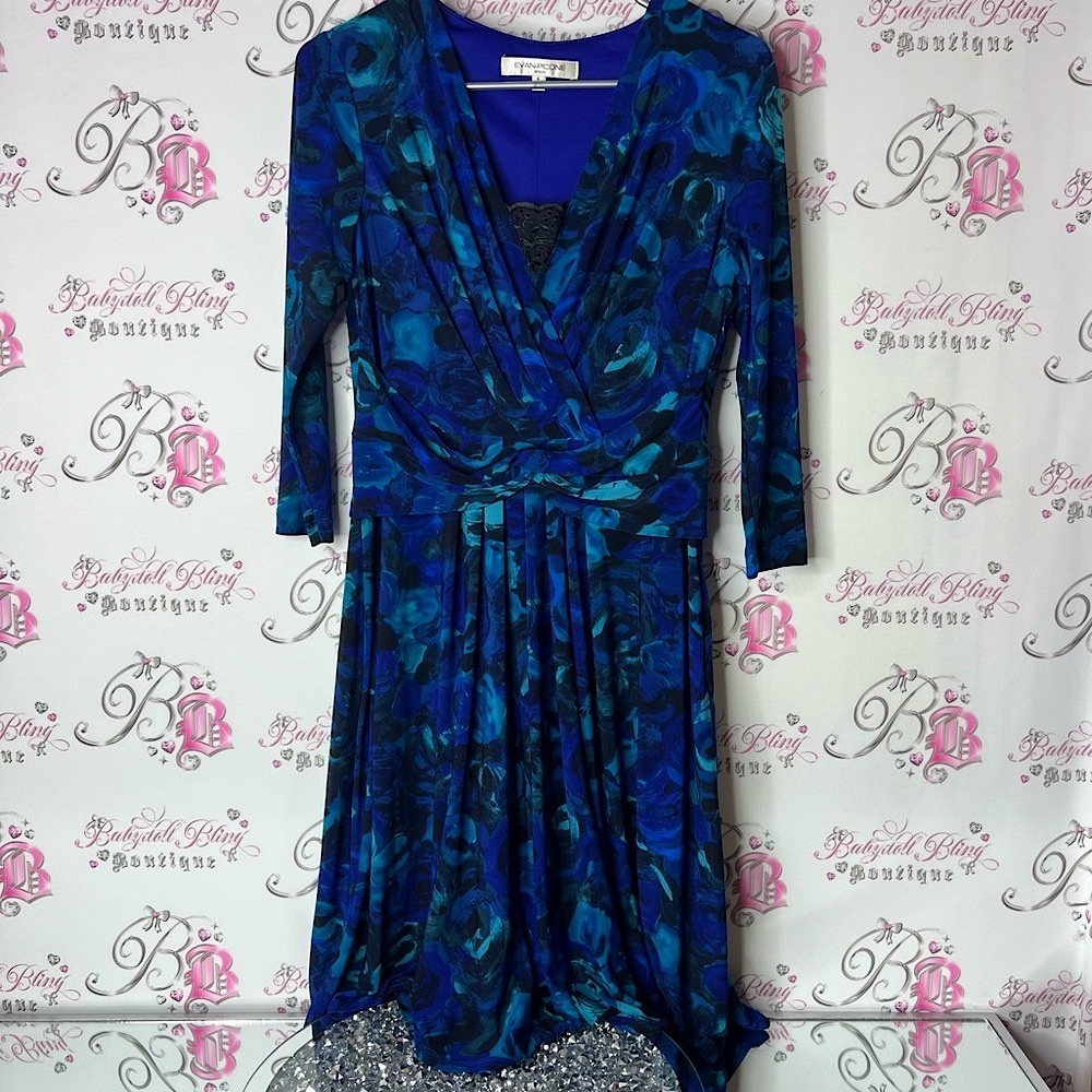 Evan picone dress floral water color royal blue and Black long sleeve flowy